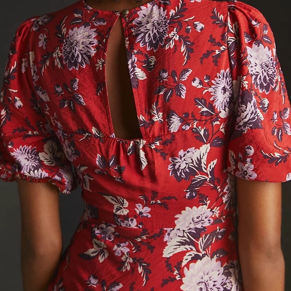 Anthropologie Maeve Red Floral Puff Sleeve Prairie Dress - Picture 2 of 13